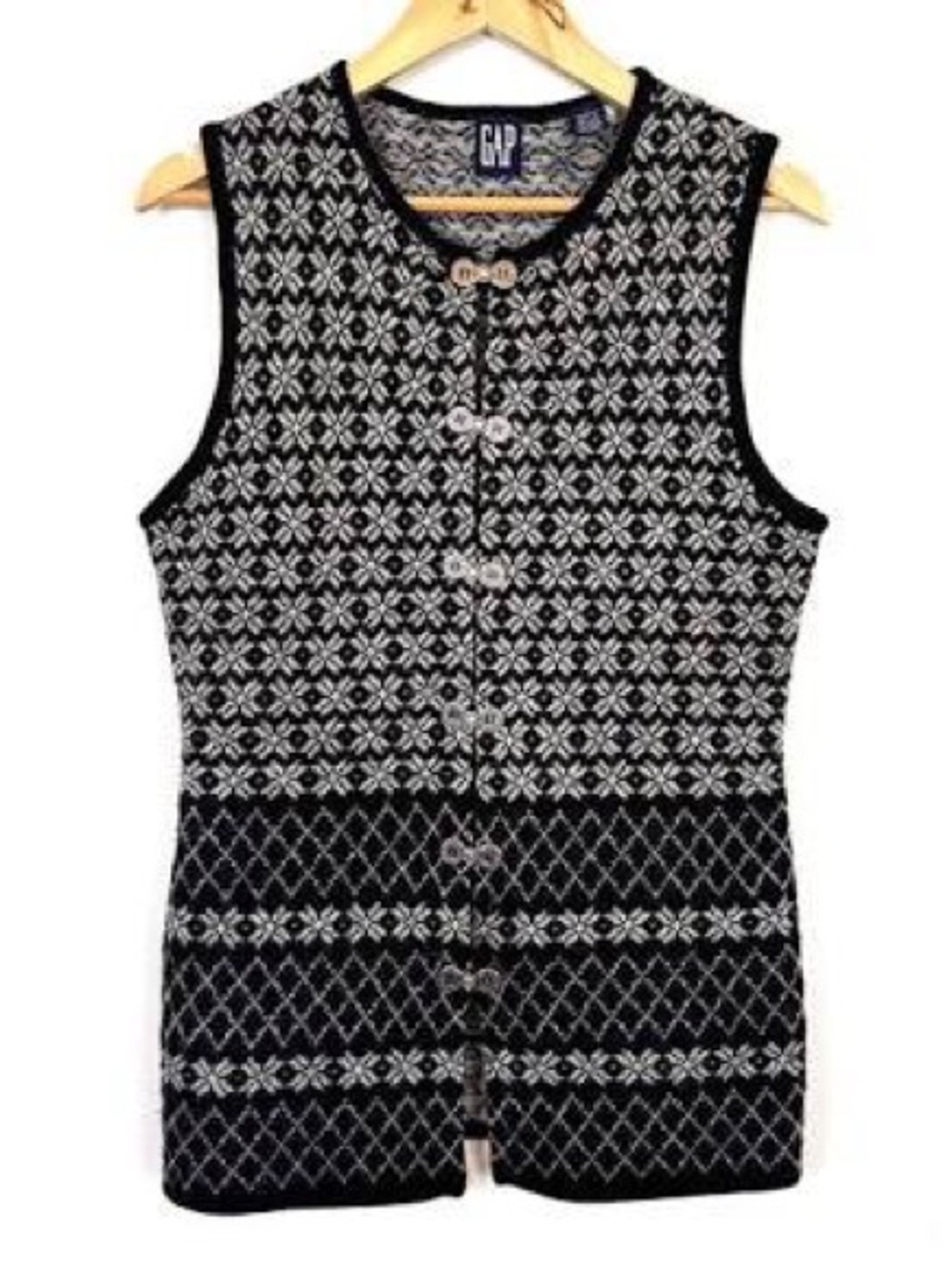 Vintage GAP Wool Vest 1990s Knit Silver metal Button Clasp Cottage Size Large